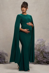 Bottle Green Maternity Maxi Dress With Cape Sleeves